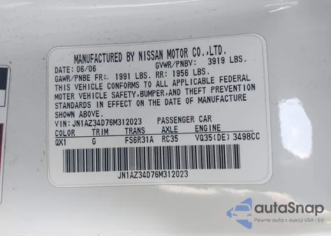 2006 Nissan 350Z из США, поврежденный, VIN JN1AZ34D76M312023